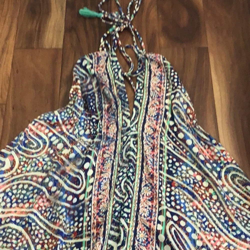 Bigg Bull Silk Boho Backless Halter Maxi Dress Green Blue Gold Metallic - Picture 12 of 13